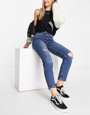 Stradivarius slim mom jean with stretch and rip in medium blue  - ASOS Price Checker