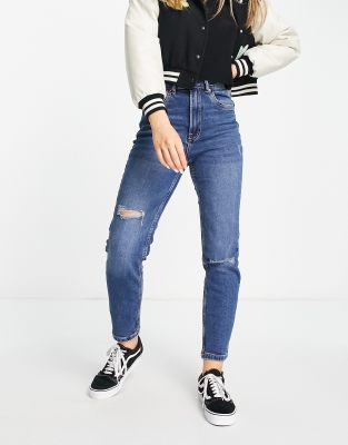 Stradivarius slim mom jean with stretch and rip in medium blue  - ASOS Price Checker