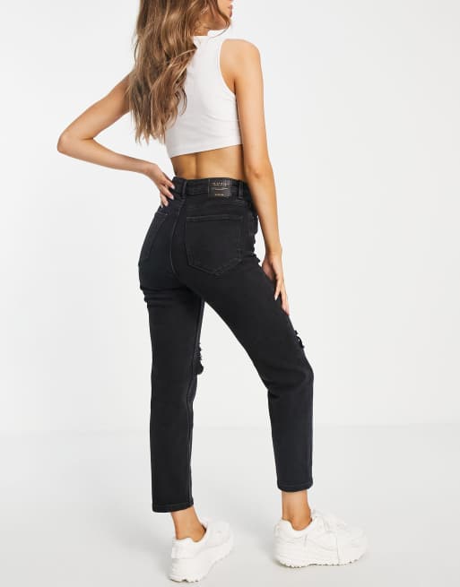 Stradivarius slim mom jean with stretch and rip in washed black ASOS