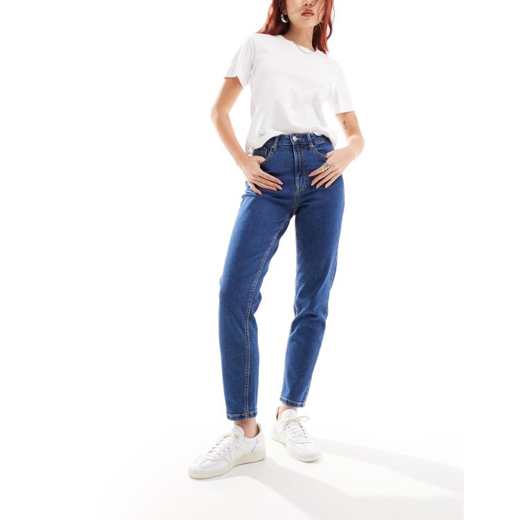 Stradivarius slim mom jean with stretch in indigo blue | ASOS 
