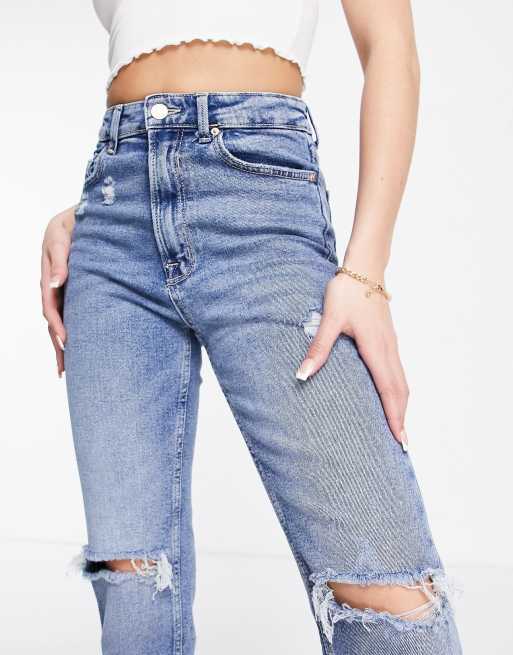 Stradivarius slim mom jeans with stretch and rip in authentic blue , 3 of 4