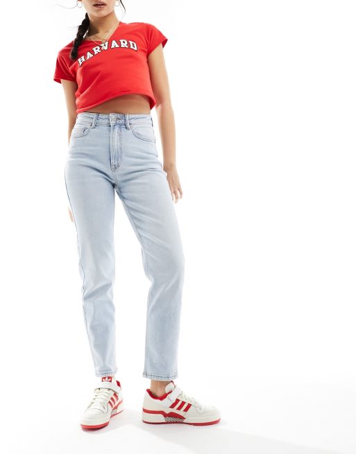Stradivarius slim mom jeans with stretch in light wash blue 