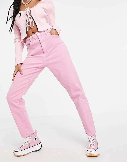 Stradivarius slim mom jeans with stretch in pink | ASOS