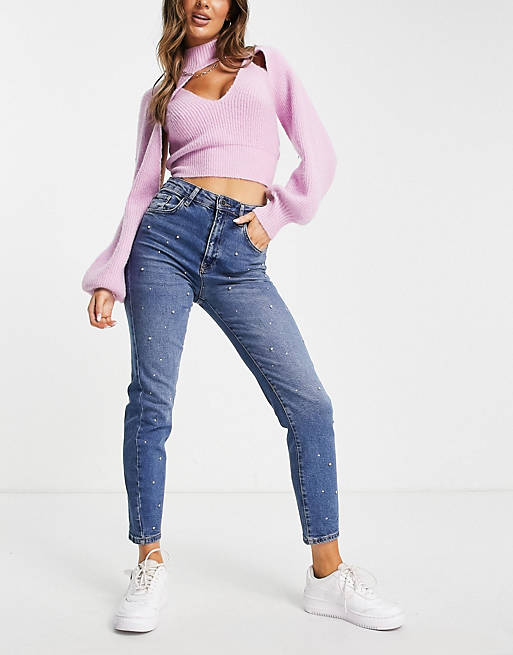 Stradivarius slim mom jeans with stretch with diamante detail in blue