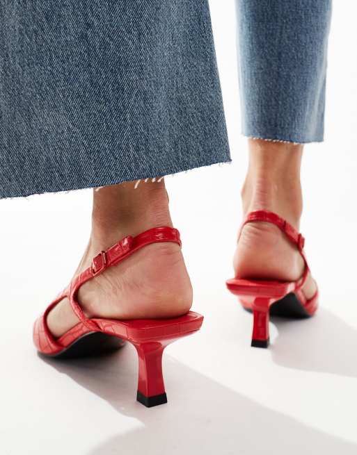 Stradivarius - Slingback pumps met klein hakje in rood croc, 4 van 4