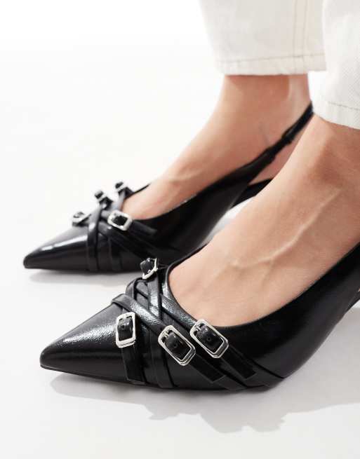 Stradivarius - Slingback schoenen met kitten hakken en gespjes in zwart, 4 van 4