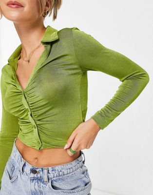 Stradivarius slinky shirt with gathered detail in lime