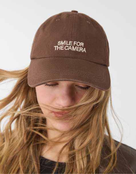 Stradivarius slogan cap in brown - view 1