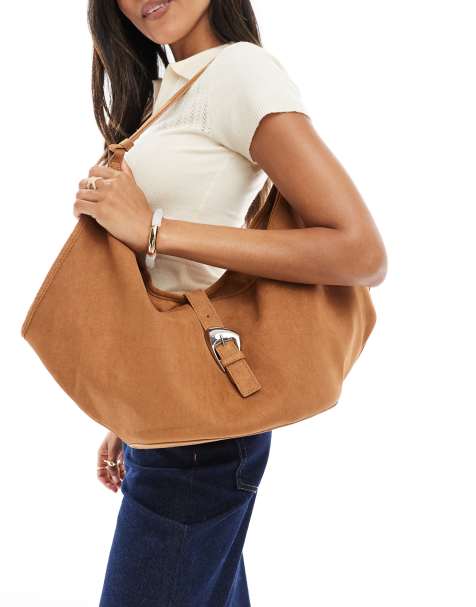 Stradivarius slouchy faux suede buckle detail bag in tan - view 1