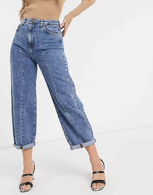 Stradivarius slouchy jeans with front seam in medium wash | ASOS