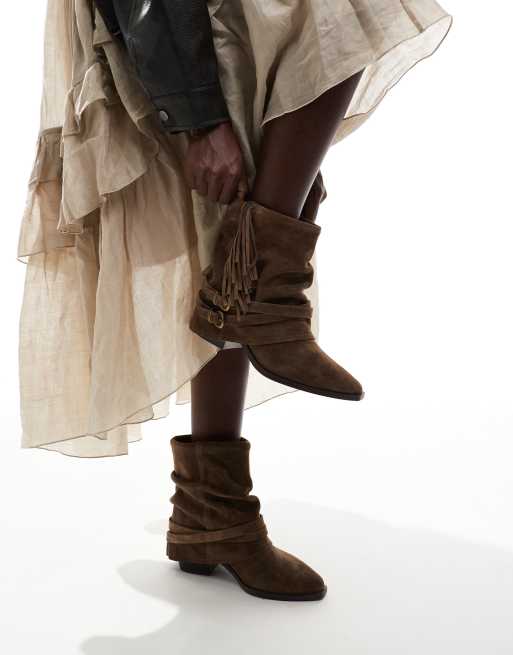Stradivarius slouchy short boot in dark brown