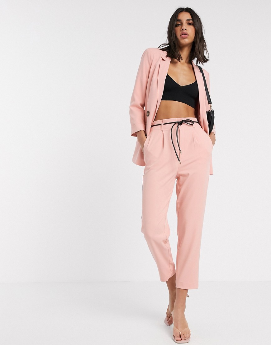 Stradivarius slouchy tailored trouser with faux leather belt in pink