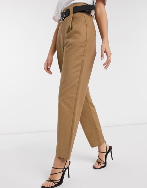 TROUSERS WITH LINED BELT - Beige