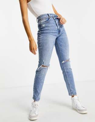 Stradivarius - Smalle mom jeans met ongelijke tailleband in middenblauw |  ASOS