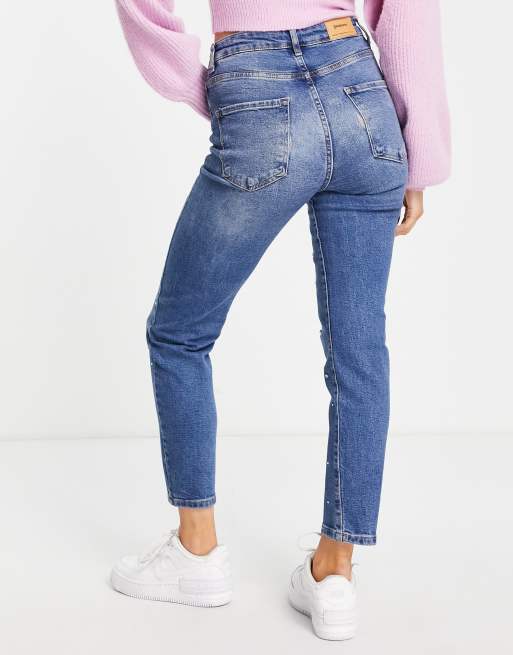 Stradivarius - Smalle mom jeans met stretch en diamantjes in blauw, 2 van 4
