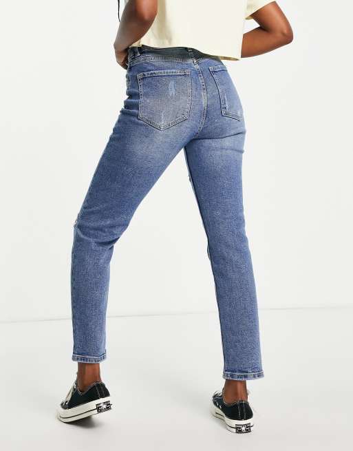 Stradivarius - Smalle mom jeans met stretch en scheur in middenblauw , 2 van 4