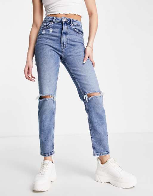 Faculteit Machtigen bak Stradivarius - Smalle mom jeans met stretch en scheuren in authentiek blauw  | ASOS