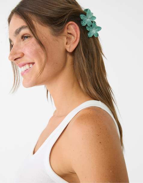 Stradivarius – Smaragdgröna hårklämmor med blomdesign, 3-pack - view 1