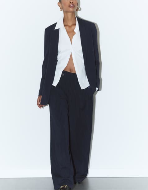 Stradivarius - Smart-casual broek met gekruiste tailleband in marineblauwe strepen - view 1