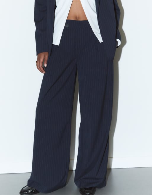 Stradivarius – Smart-Casual-Hose in Marineblau mit Streifen und überkreuzter Taille, 2 von 4