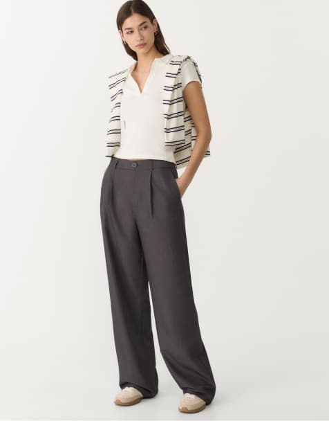Stradivarius smart straight leg trousers in grey melange - view 1