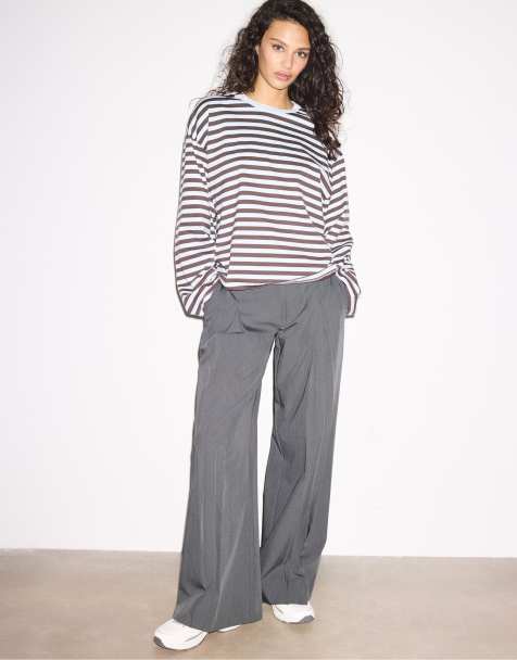 Stradivarius Smart trousers with a waistband in dark grey