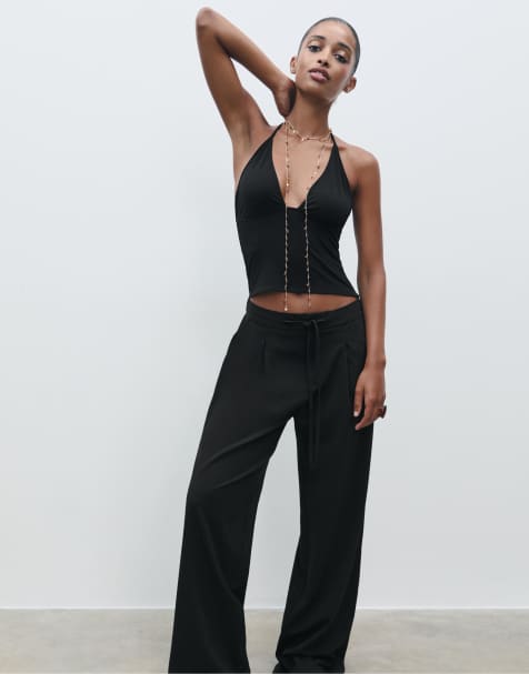 Stradivarius Smart trousers with darts and drawstrings in black - view 1