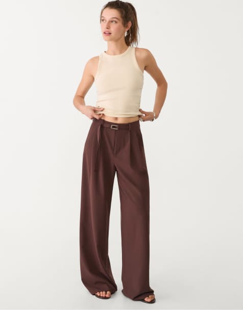 Stradivarius smart wide leg trousers with buckle detail in brown
