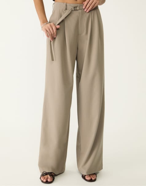 Stradivarius smart wide leg trousers with buckle detail in brown