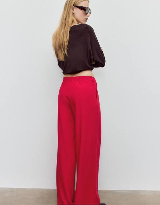 Stradivarius Smart wide-leg trousers with buckle detail in dark red, 3 of 4