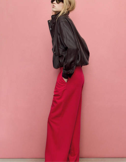 Stradivarius Smart wide-leg trousers with buckle detail in dark red, 4 of 4