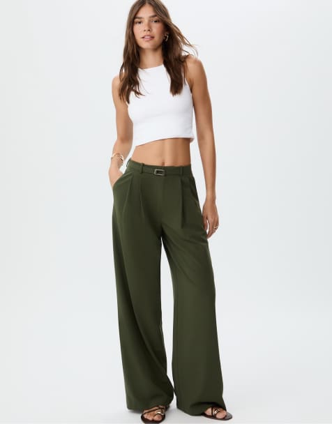 Stradivarius Smart wide-leg trousers with buckle detail in green