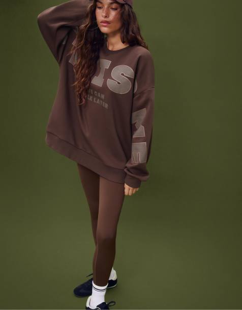 Stradivarius Smile print oversize sweatshirt in brown - view 1