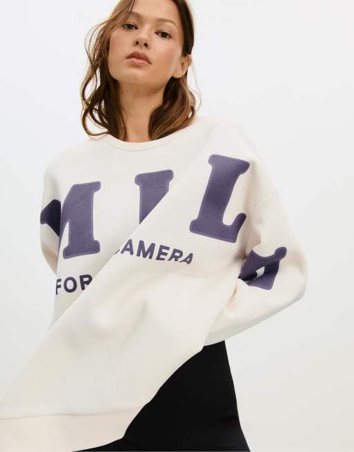 Stradivarius Smile print oversize sweatshirt in ecru ASOS