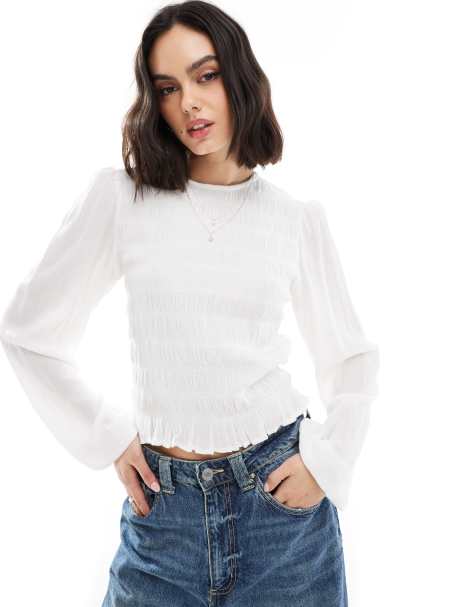 Stradivarius smocked blouse in white