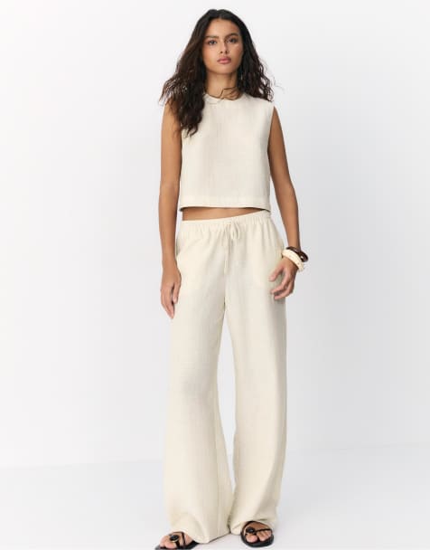 Stradivarius - Soepelvallende broek met metallic draad in stone - view 1