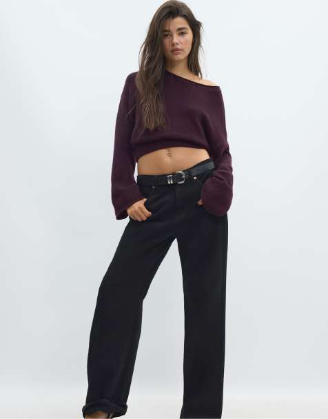 Stradivarius Soft knit waistband jumper in aubergine - view 1
