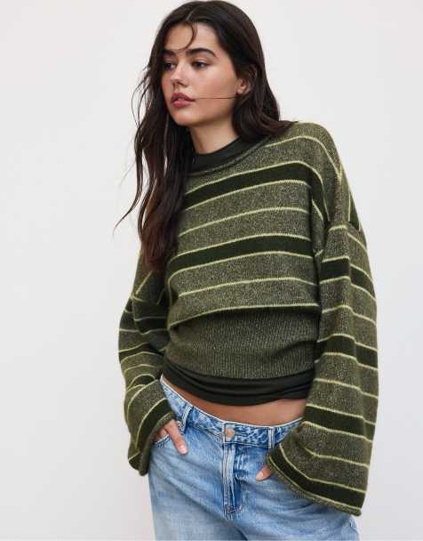 Stradivarius Soft knit waistband jumper in khaki - view 1