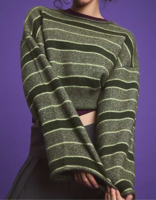Stradivarius Soft knit waistband jumper in khaki, 5 of 7