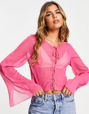 Stradivarius soft lace up blouse in pink  - ASOS Price Checker
