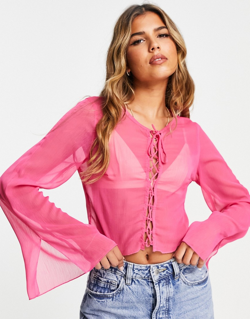 Stradivarius soft lace up blouse in pink