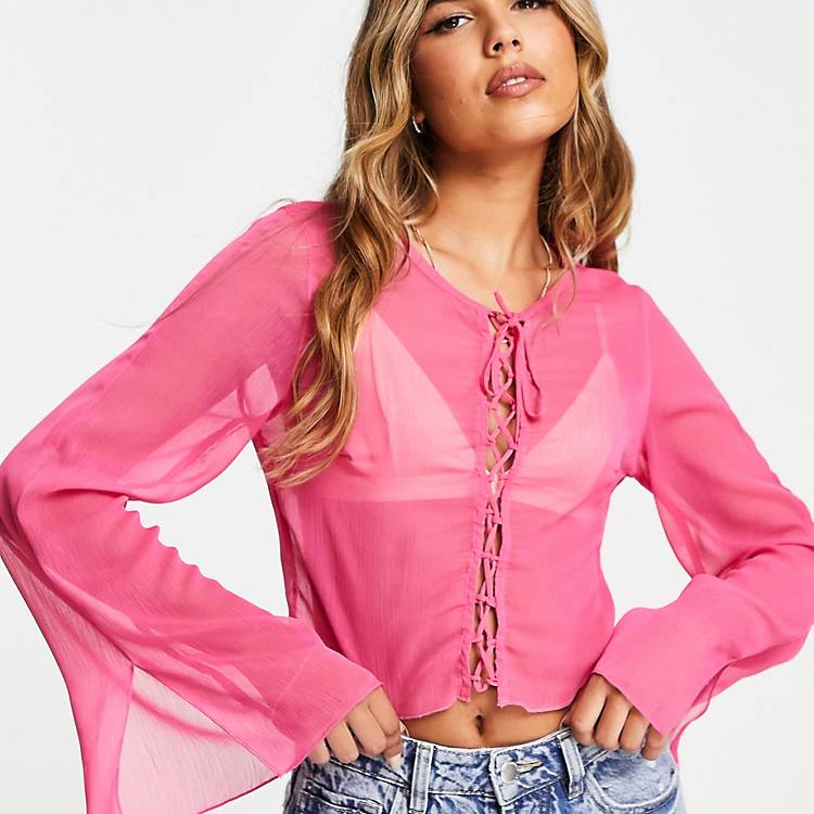 Bershka crop top Pink S WOMEN FASHION Shirts & T-shirts Lace openwork discount 70% 