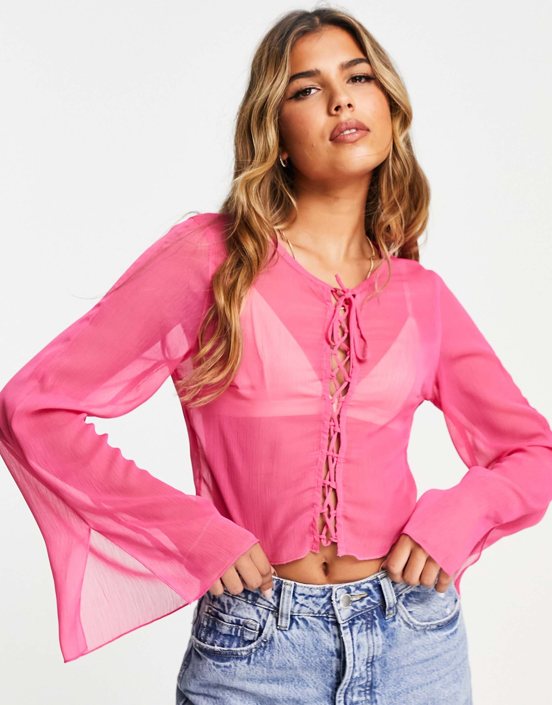 stradivarius soft lace up blouse in pink