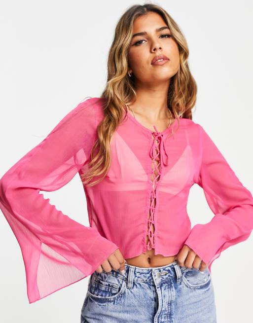 Stradivarius soft lace up blouse in pink | ASOS