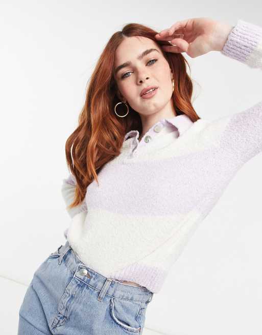 Stradivarius soft polo collar jumper in lilac stripe ASOS