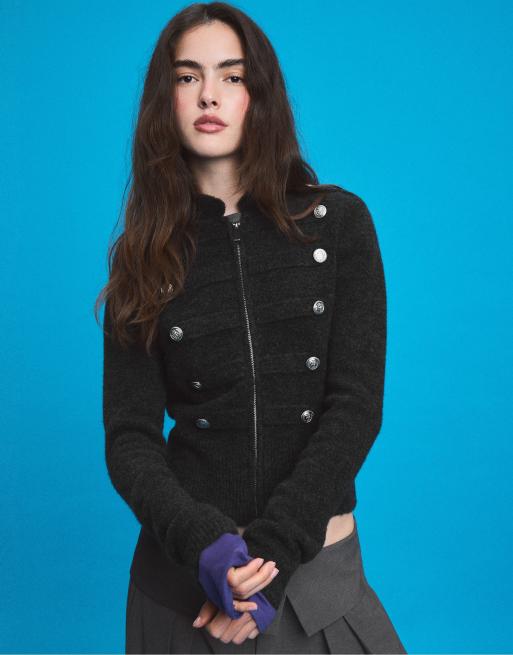 Stradivarius Soft touch button knit cardigan in dark grey, 2 of 7