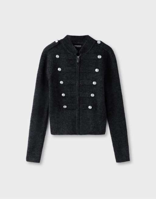 Stradivarius Soft touch button knit cardigan in dark grey, 6 of 7