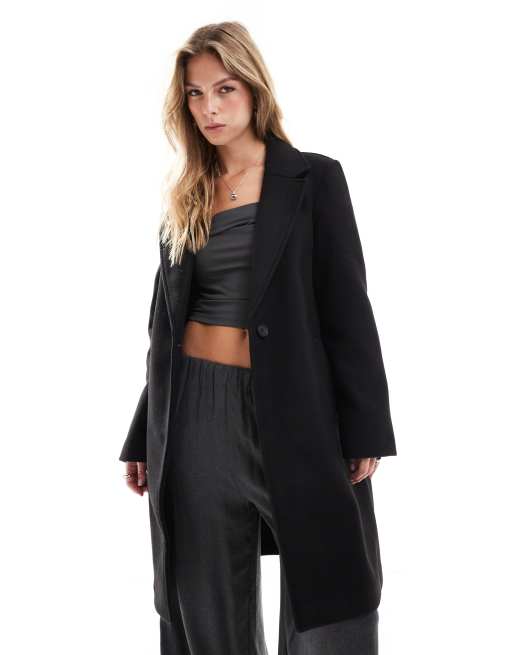 Stradivarius soft touch button through midi coat in black, 2 of 4