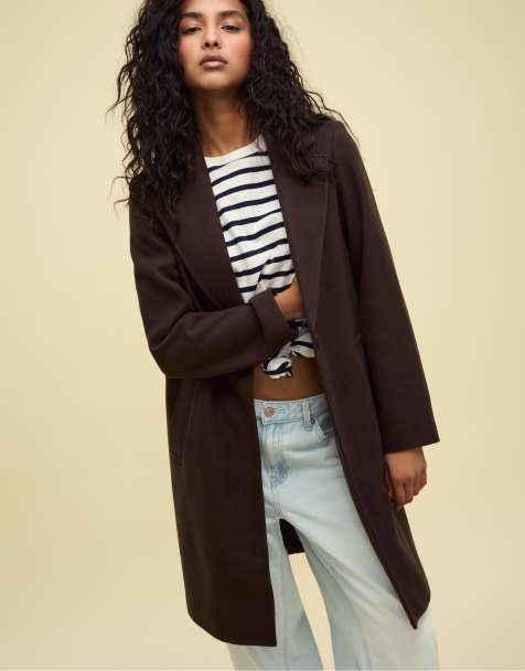 Stradivarius Soft-touch button-up midi coat in brown - view 1