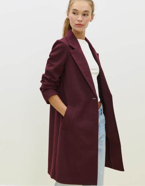 Stradivarius Soft-touch button-up midi coat in burgundy - view 1